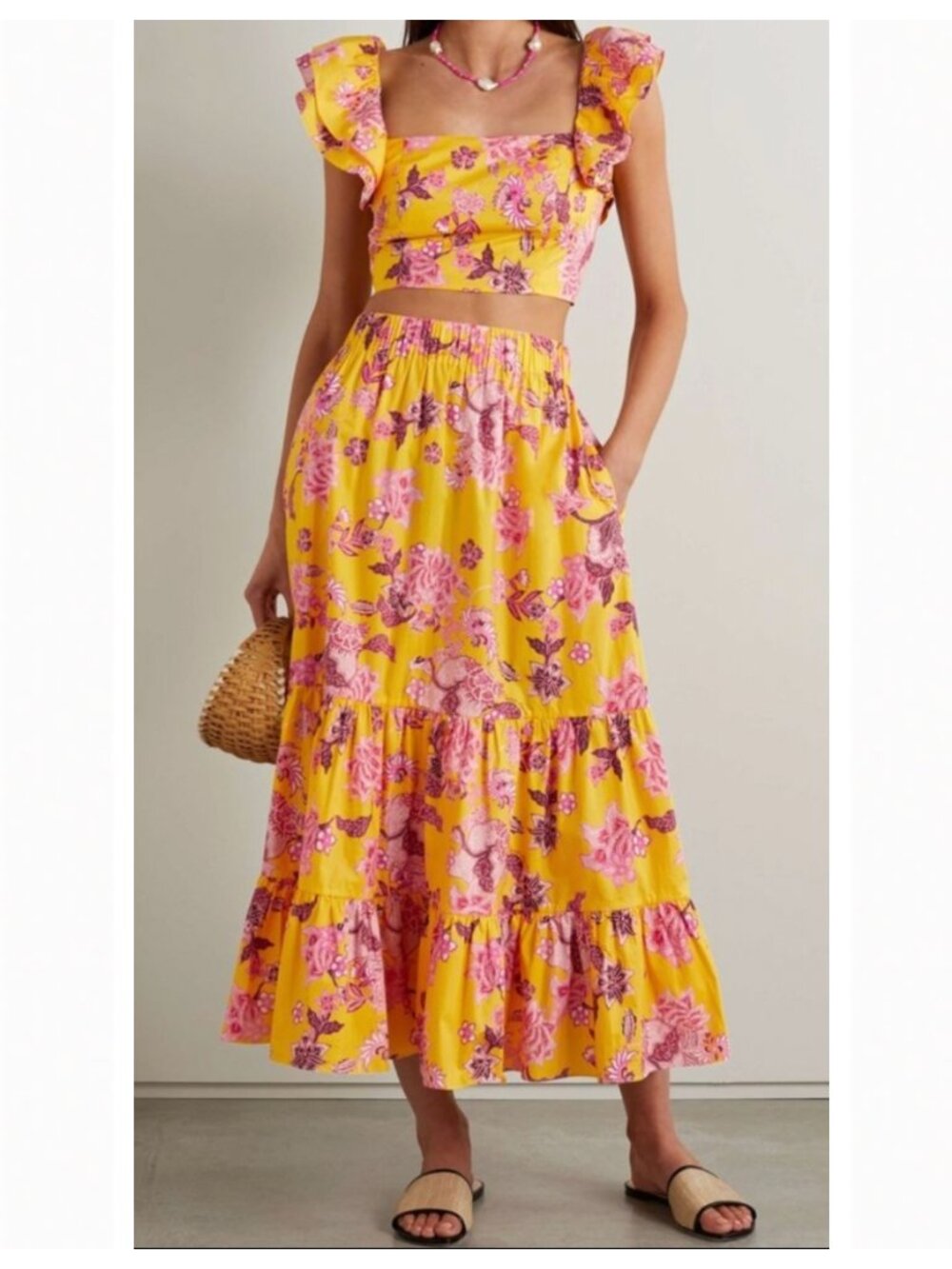 Cara Cara Darby Top Chase Skirt Set Small Cotton Poplin Floral Print Yellow